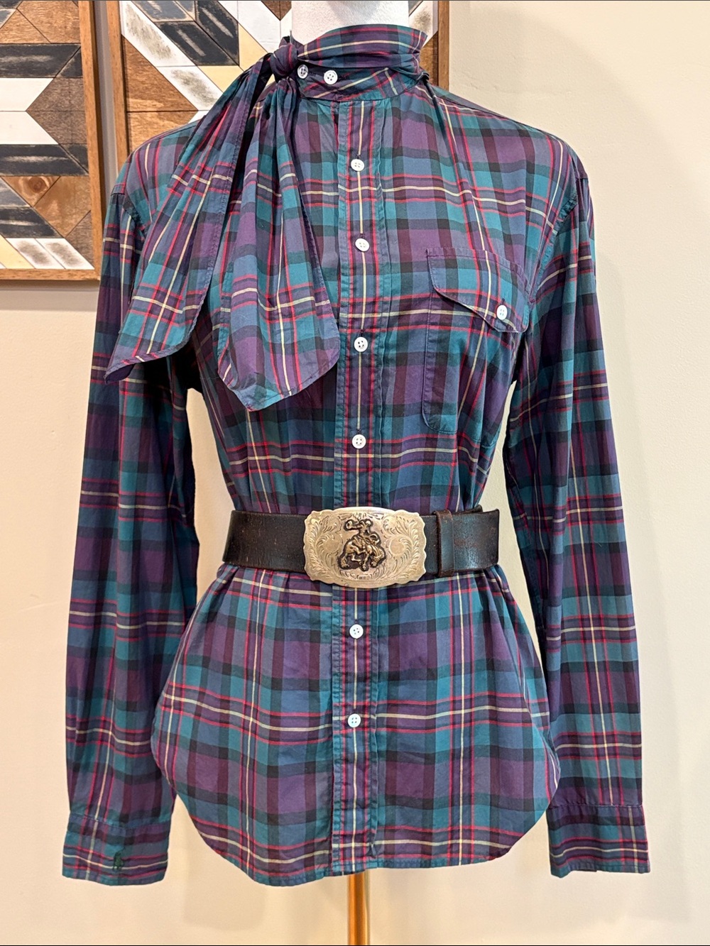 Vintage Ralph Lauren Blue Label 80s Cotton Plaid Button Down Sash Blouse size 6
